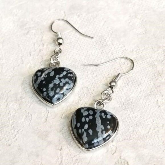 Handcrafted Snowflake Obsidian Heart Gemstone Pendant Dangle Earrings - Picture 6 of 7